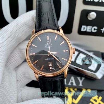 Clone Omega De Ville SS Black Dial Rose Gold Bezel Watch 42mm